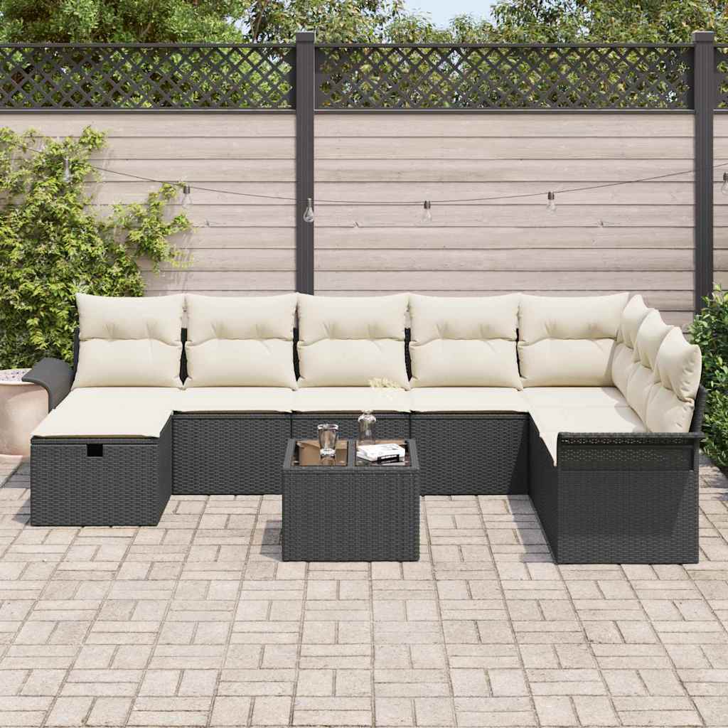 Garten-Sofa-Set mit Kissen 9 pcs Schwarz Poly Rattan